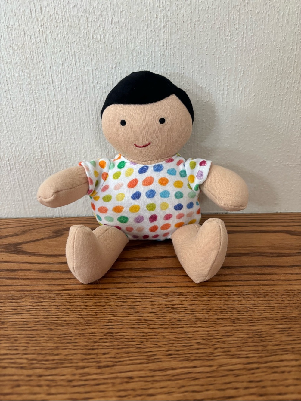 LOVEVERY Beige Organic Cotton Baby Doll Black Hair Montessori Dotted Outfit